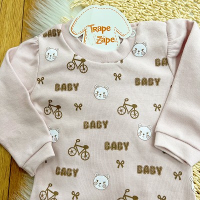 Kit 3 Peças - Bodys Manga Longa Ursinha Baby - Rose e Off White